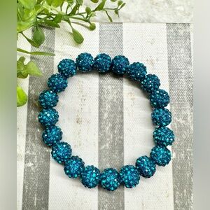 New Rustic Dark Turquoise Blue Crystal Ball 10mm Beaded Cuff Bracelet - 8”